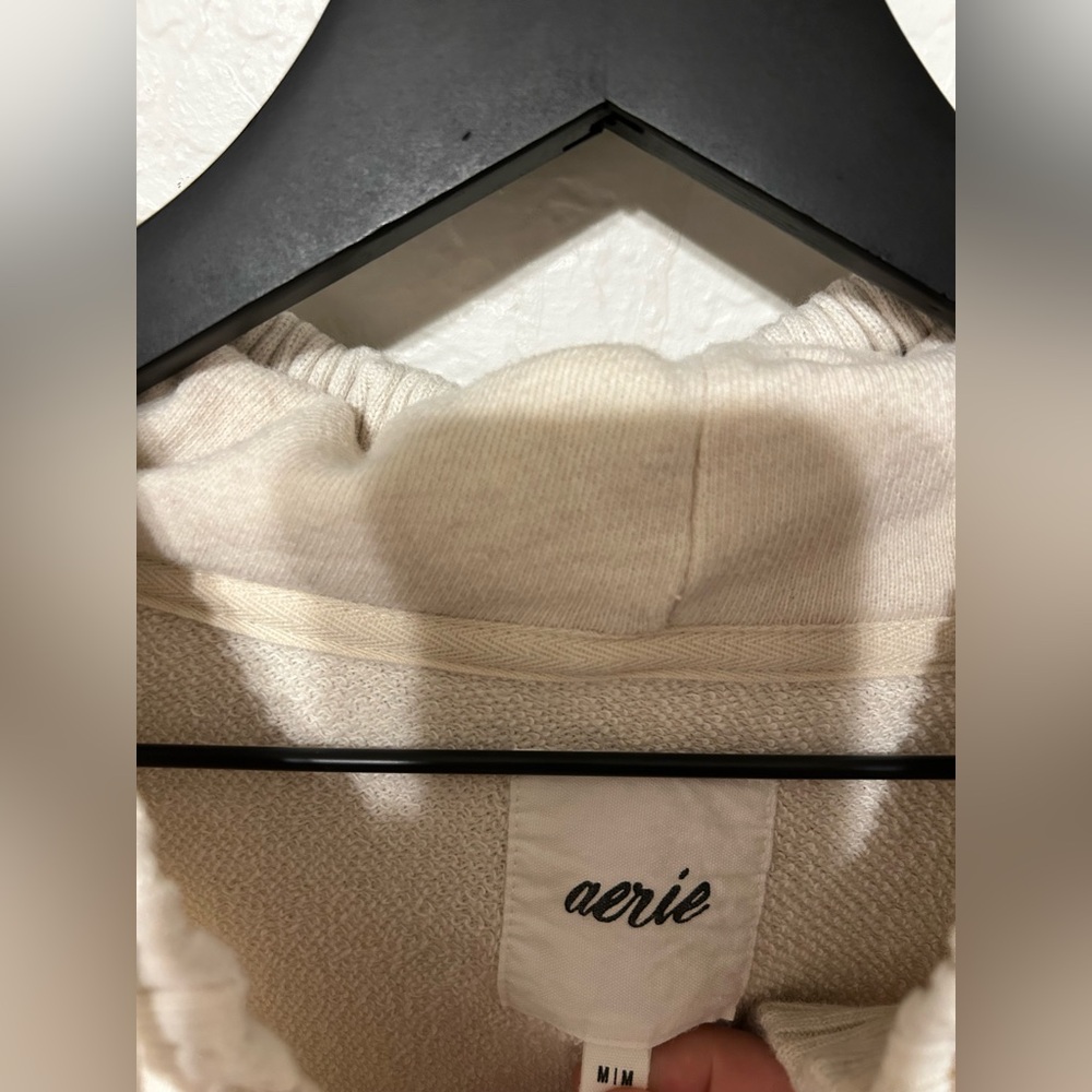 🪗Aerie Cream Women's Pullover Hoodie size M GUC down to earth Henley tan - Picture 3 of 5